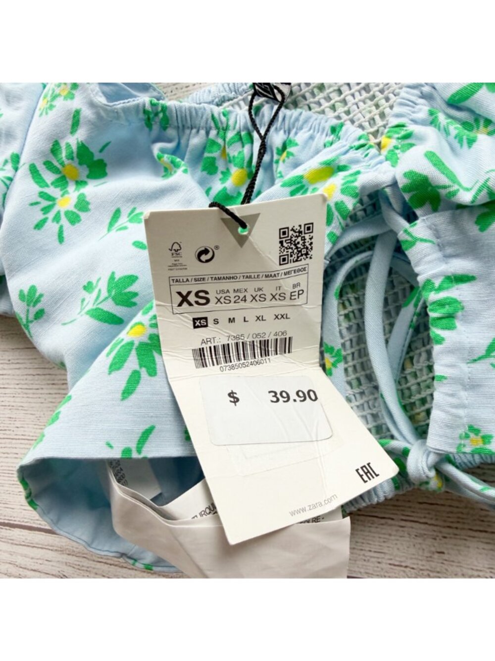 Zara Women's Blue Floral Crop Top Keyhole Tie Puff Sleeve NWT XS - Picture 5 of 6